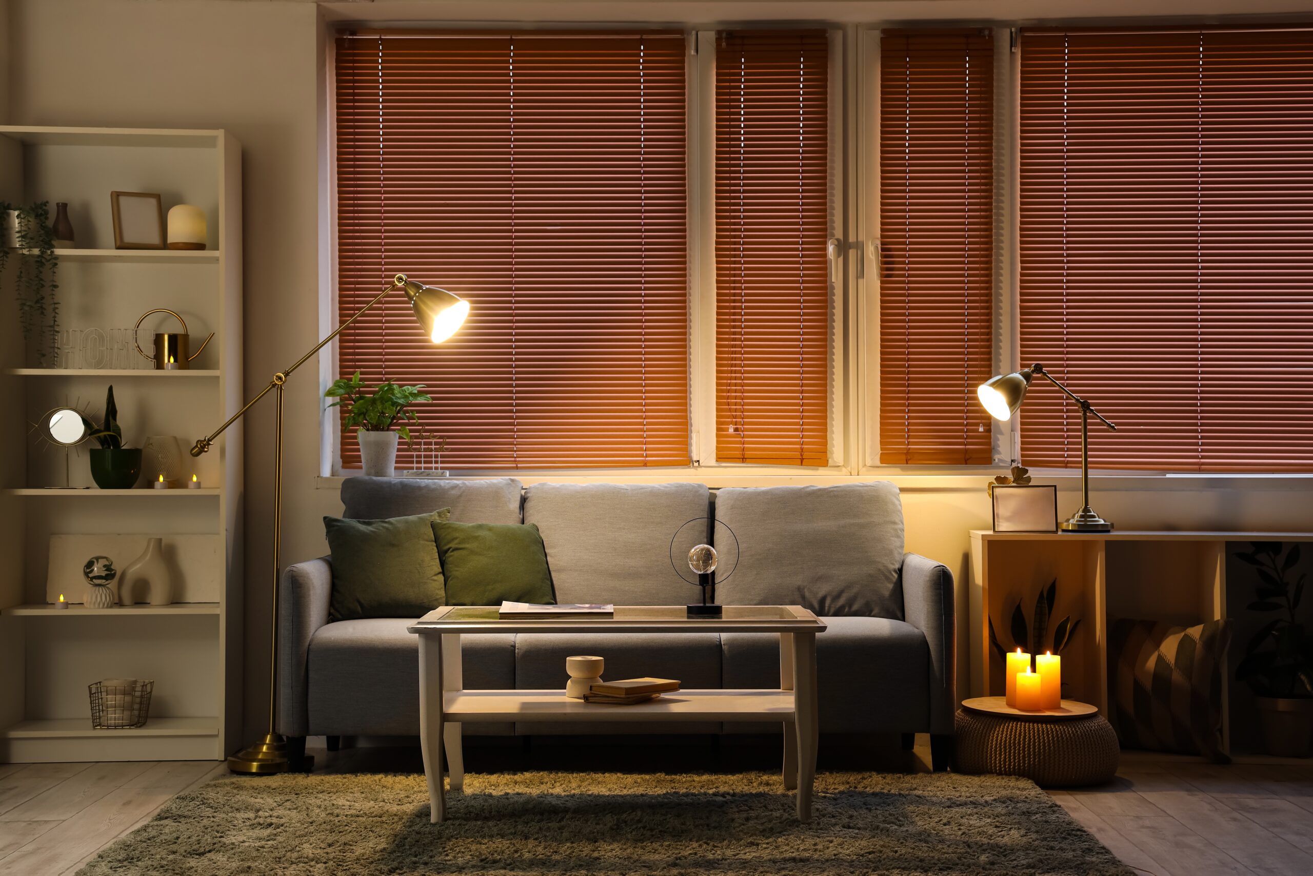 Interior,Of,Modern,Living,Room,With,Grey,Sofa,,Burning,Candles, Cozy, Homelike, Nice, Comfortable